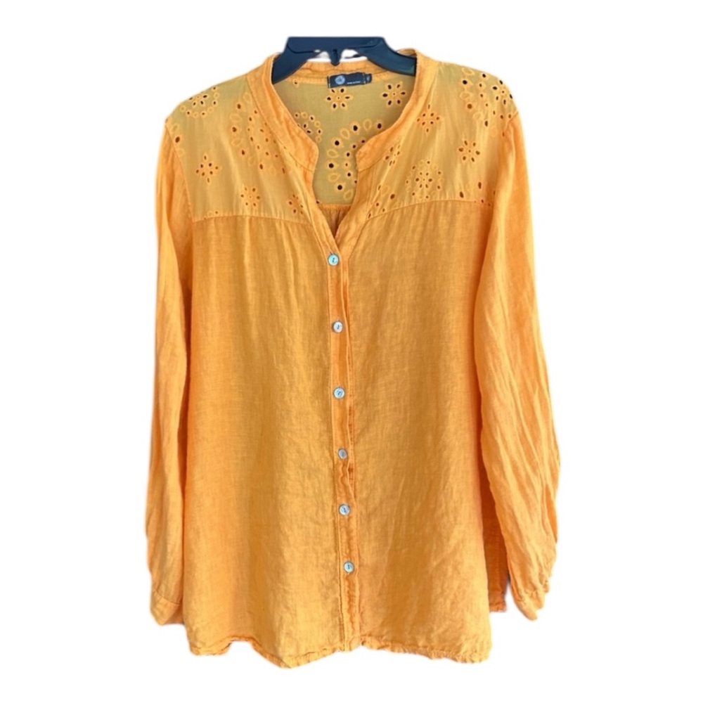 M MADE IN ITALY Linen Eyelet Yoke Button Down Blouse Lagenlook Boho Coastal | XL